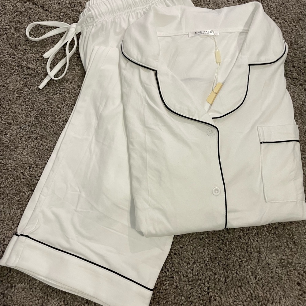 Women's White Pajama Set with Black Trim - Picture 3 of 3